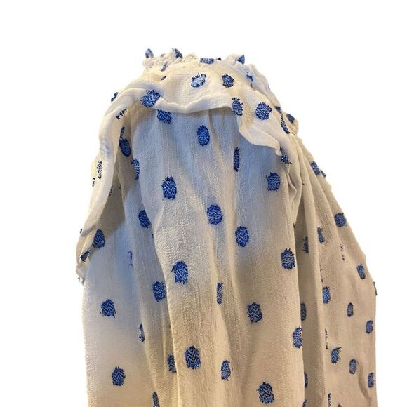 Zara White and Blue Metallic Polkadot Long Sleeve Button Down Top Sz M - Picture 6 of 13